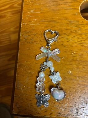 Women's Iridescent Heart & Butterfly Keychain Charm - Silver Tone